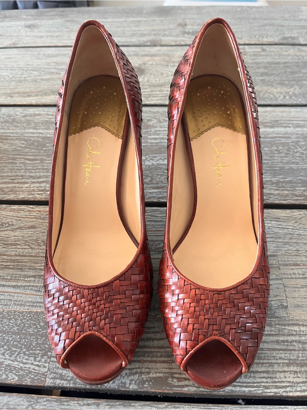 COLE HAAN woven peep-toe heels, size 9.